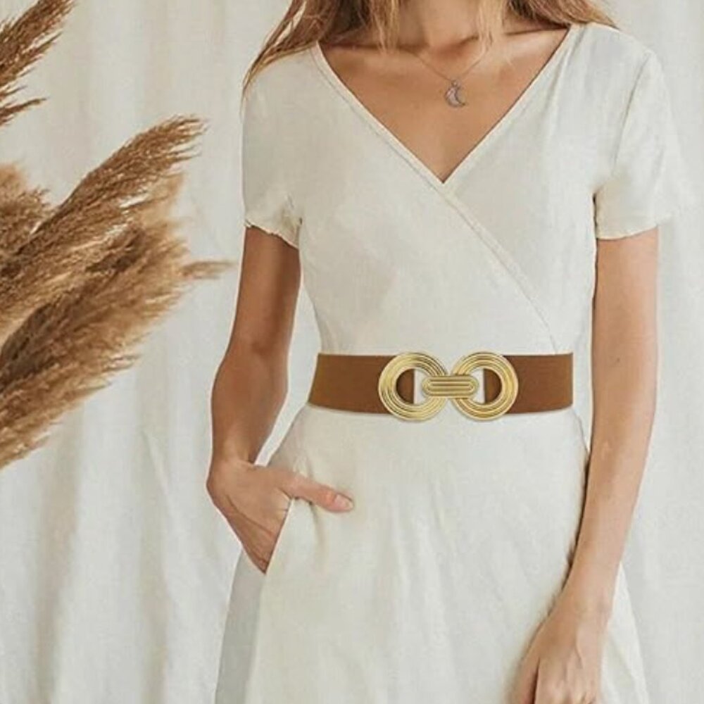 Elastic Wide Belt Gold Round Buckle Stretchy Vintage Waist Belt